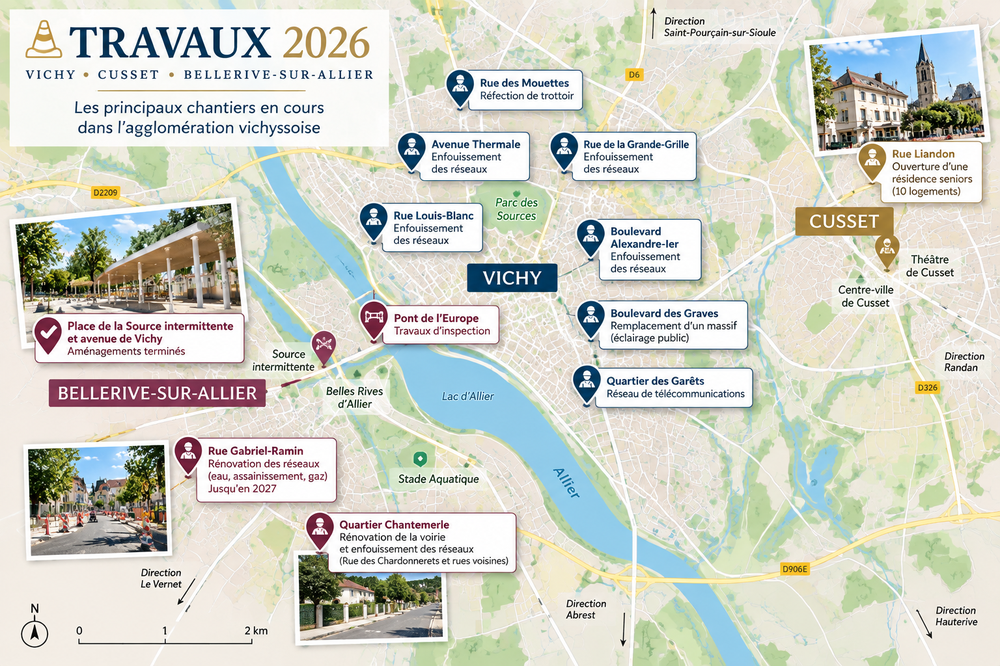 Carte des principaux travaux à Vichy, Cusset et Bellerive-sur-Allier en 2026